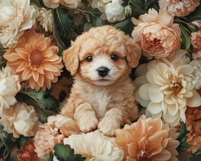 Cute Puppy Among Flowers