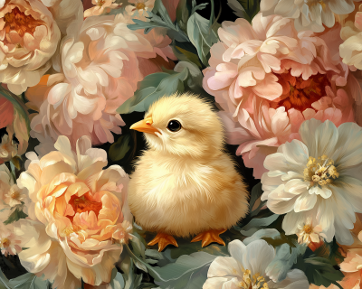 Charming Chick among Flowers