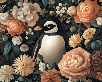 Penguin Among Flowers