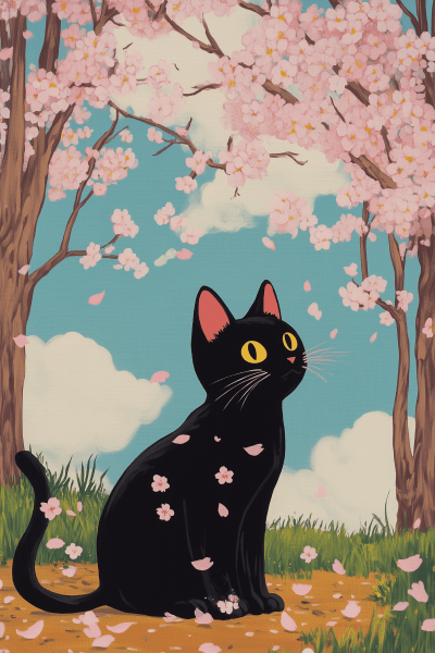 Black Cat Under Cherry Blossoms