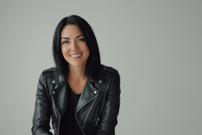 Smiling Woman in Leather Jacket