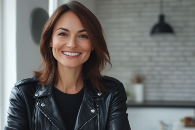 Smiling Woman in Leather Jacket