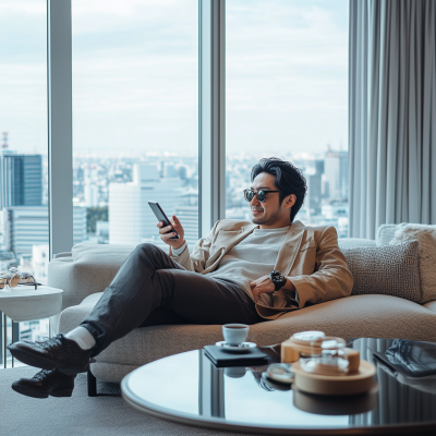 Relaxed Japanese Man on Sofa