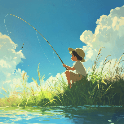 Boy Fishing in Ghibli Style