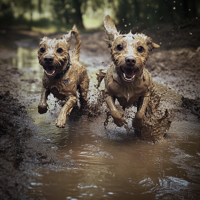 Two Happy Dogs in the Mud