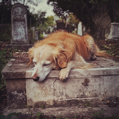 Dog Mourning at Cemetery