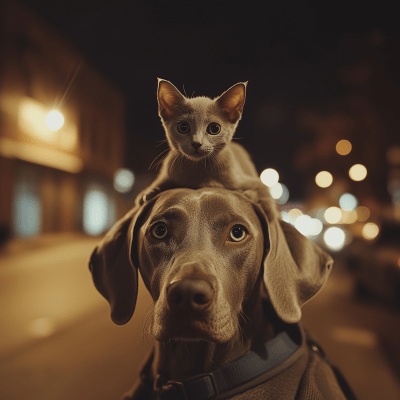 Kitten and Weimaraner at Night