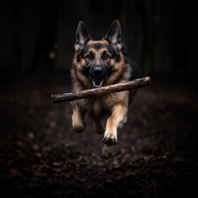 German Shepherd Jumping for Stick