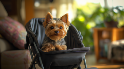 Yorkie in Dog Stroller