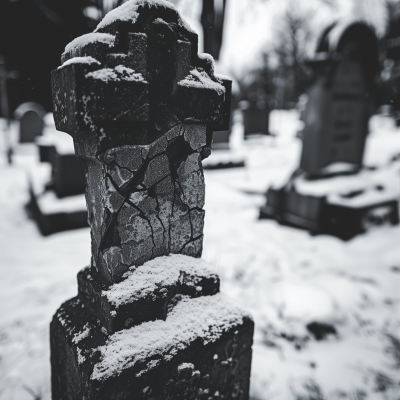 Cracked Tombstone in a Frozen Graveyard