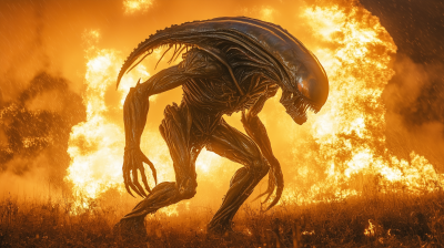 Xenomorph in a Rainy Night Field