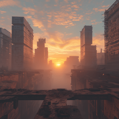 Dystopian Cityscape at Golden Hour