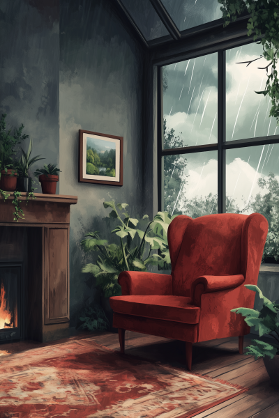 Cozy Living Room with Thunderstorm