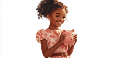 Happy Black Girl with Piggy Bank