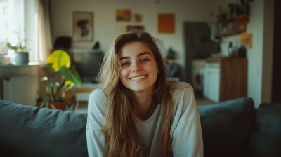 Cheerful Woman in Old Apartment