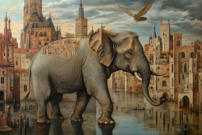 Surreal Elephant in Medieval City