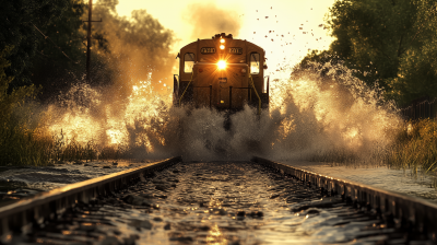 Train Splashes Through Water