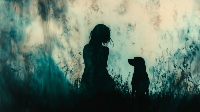 Girl with Dog in Distant Landscape