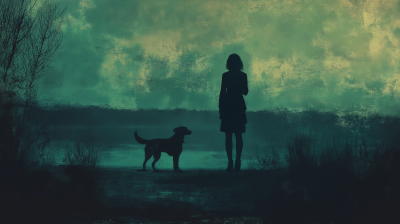 Girl with Dog in Distant Mood