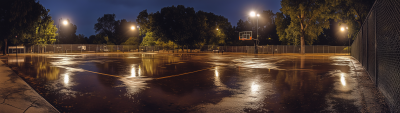 Wet Basketball Court at Night