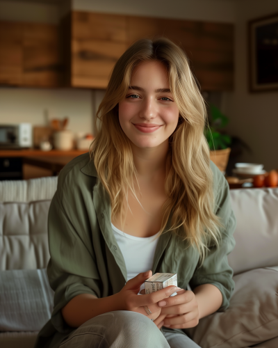 Cheerful Young Woman on Sofa