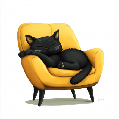 Sleeping Black Cat on Yellow Sofa