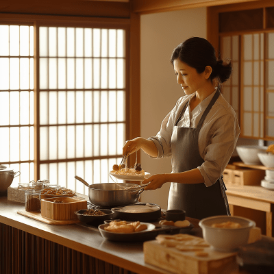 Japanese Woman Cooking in Modern Kitchen