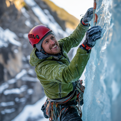 Ice Climber on Frozen Wall