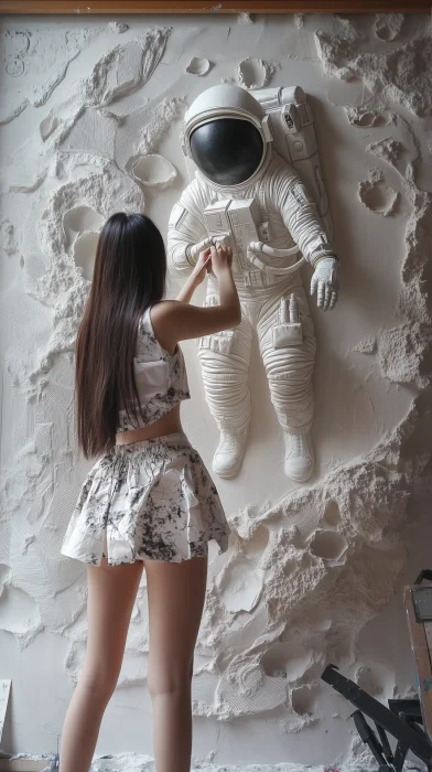 Young Artist Painting Astronaut Sculpture