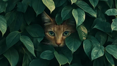 Curious Cat Among Leaves