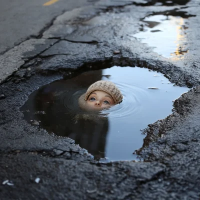 Bizarre Knitting Head in Puddle