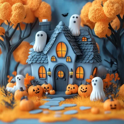 Cute Haunted House Halloween Scene