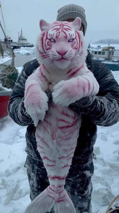 Fisherman with Pink Tiger Mermaid