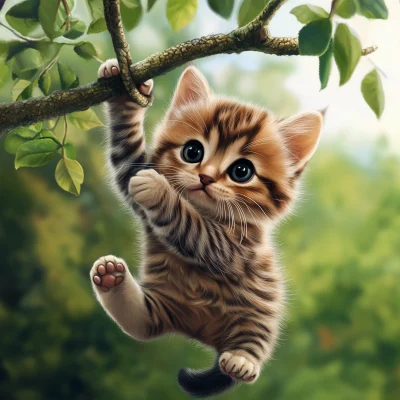 Kitten Hanging from a Branch