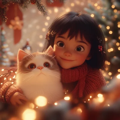 Smiling Girl and Cat at Christmas