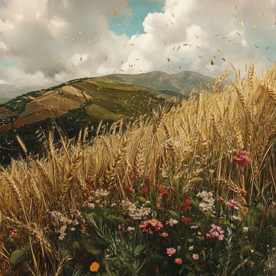 Wheat and Flowers on a Hillside