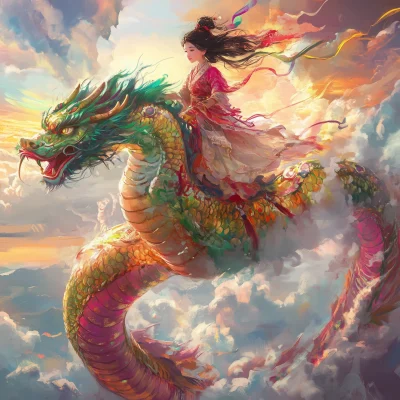 Girl Riding a Colorful Dragon