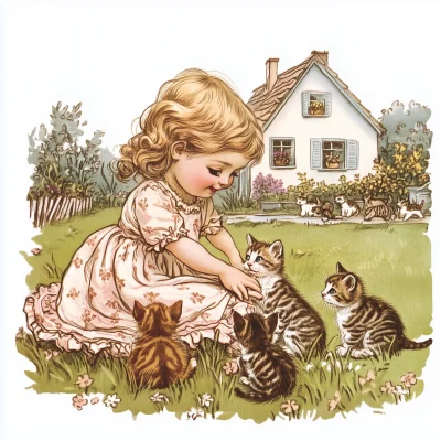 Victorian Little Girl with Kittens