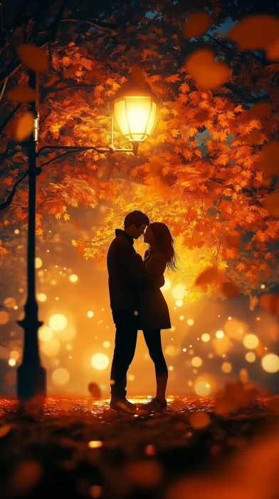 Tender Embrace Under Streetlamp