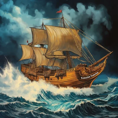 Wooden Galleon Ship on Roaring Sea