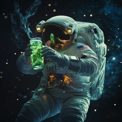 Astronaut Floating in Space with Green Drink