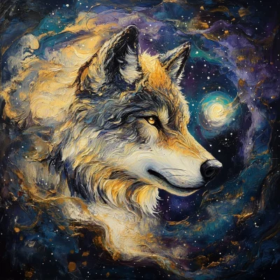 Golden Wolf in Cosmic Galaxy