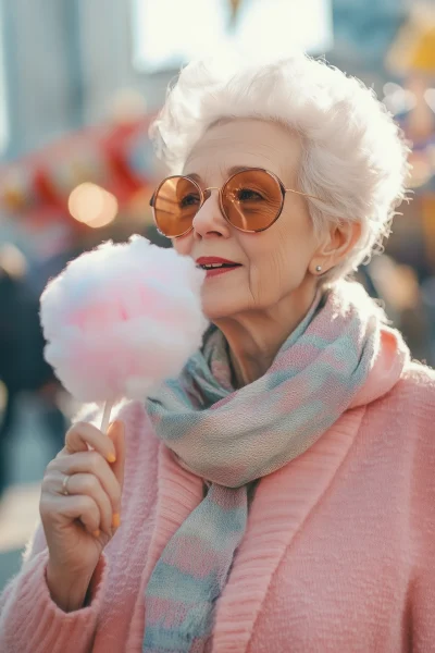 Elderly Woman Enjoying Cotton Candy