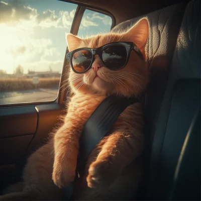 Cat in Sunglasses Inside Car