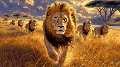 Majestic Lion Leading His Pride