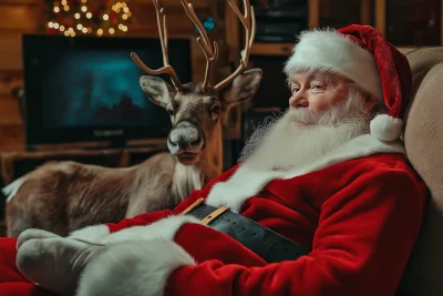 Santa Claus and Reindeer Watching TV