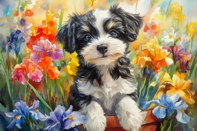 Cute Puppy in Iris Garden