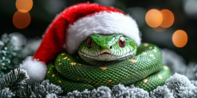 Green Wooden Snake in Santa Hat