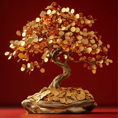 Golden Chinese Tree with Coins