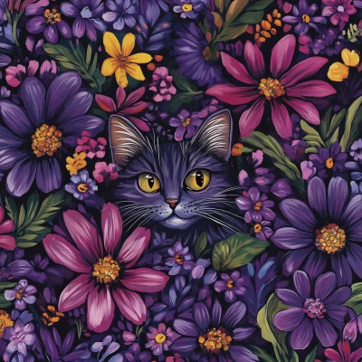 Illustrated Cat with Flowers